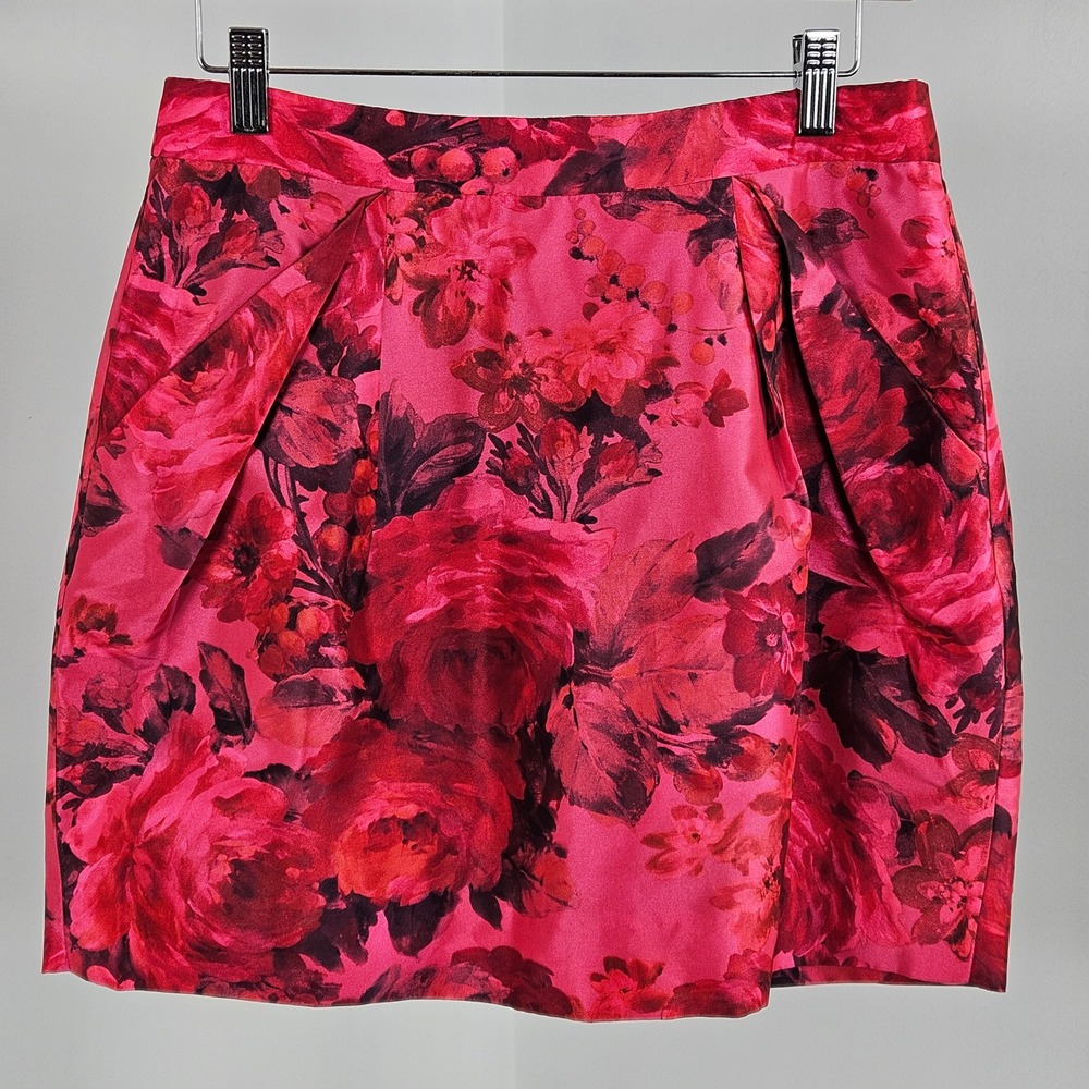 J.Crew Floral Satin Mini Skirt Womens 8 Pink Red Peony Pleated Tulip Pocket